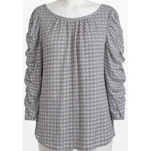 Max Studio Small Blue Cream Geometric Print Long Sleeve Boho Blouse